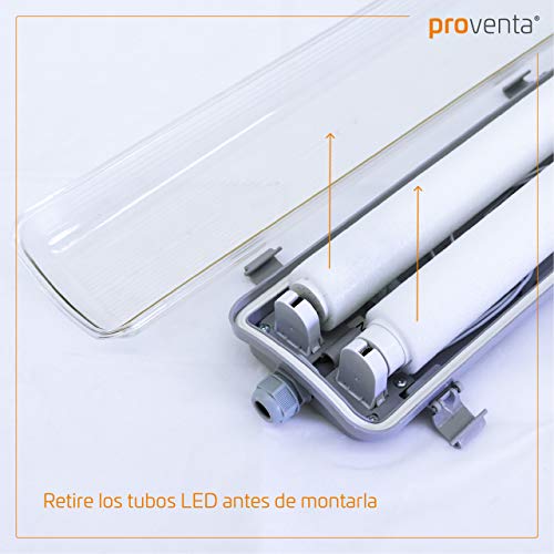 proventa® Luminaria LED estanca IP65 120 cm a prueba de humedad y polvo. Set ahorro 2 uds. Tubos LED incluidos 4.000K 18W 3.600 lúmenes. Pantalla policarbonato con protección IK08. Clase energética A+