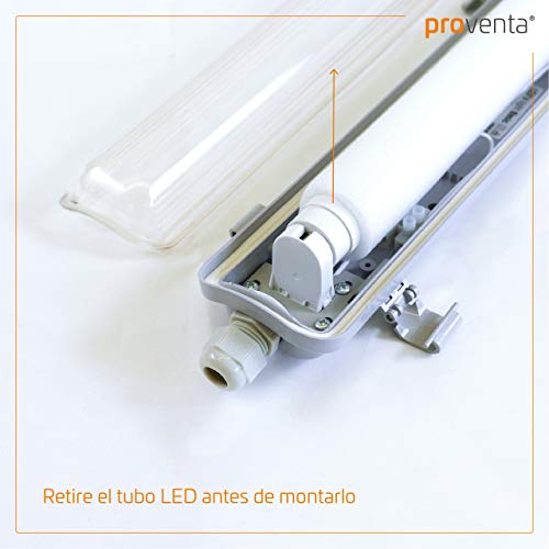 proventa® Luminaria LED estanca IP65 120 cm a prueba de humedad y polvo. Set ahorro 3 uds. Tubos LED incluidos 4.000K 18W 1.800 lúmenes. Pantalla policarbonato con protección IK08. Clase energética A+