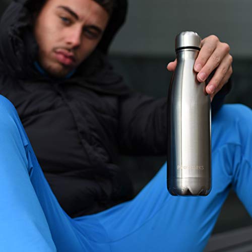 Proworks Botellas de Agua Deportiva de Acero Inoxidable | Cantimplora Termo con Doble Aislamiento para 12 Horas de Bebida Caliente y 24 Horas de Bebida Fría - Libre de BPA - 1L - Plata Metalizado