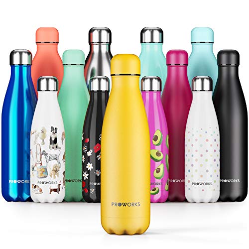 Proworks Botellas de Agua Deportiva de Acero Inoxidable | Cantimplora Termo con Doble Aislamiento para 12 Horas de Bebida Caliente y 24 Horas de Bebida Fría - Libre de BPA - 1L - Amarillo Suave