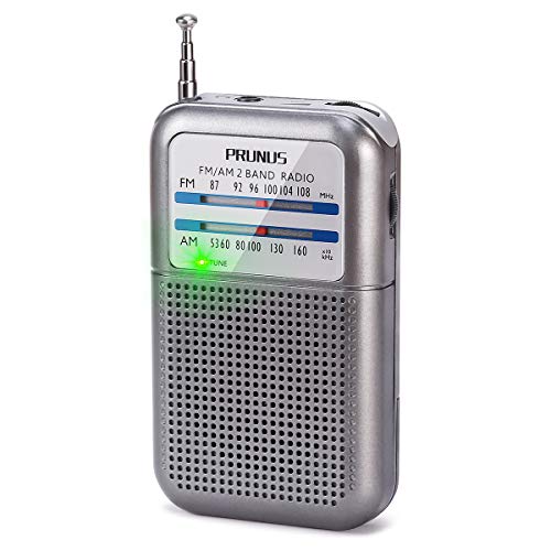 PRUNUS Radio de Bolsillo FM/Am, Radio Portatil Pequeña con Excelente Señal, Sintonizador con Indicador. Funciona con AAA Pilas Intercambiables (Plata).