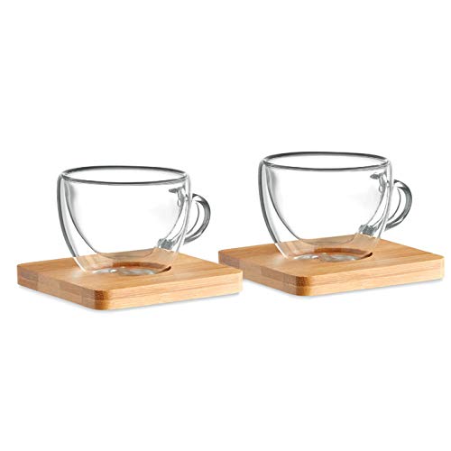 Publiclick Juego de 2 Tazas para café Espresso de Doble Pared con Plato de bambú. Presentado en Caja de Papel Kraft. Capacidad 90 ml. Elegantes Tazas con Platos de bambú