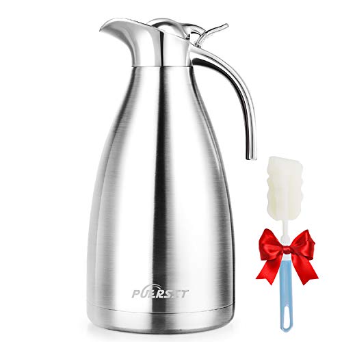 puersit Jarra Térmica 304 Acero Inoxidable Doble Pared Aislado al vacío cafetera café Thermos, café émbolo, Zumo/Leche/té Aislamiento Pot, 2L, 65oz Plata (2L)