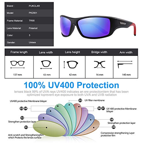 PUKCLAR - Gafas de sol polarizadas para hombre y mujer, protección UV400, Cat 3 CE C3 negro / azul, efecto espejo, Cat 3. L