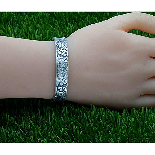 Pulsera de letras de plata de pie sólido Mujer 999 Versión ancha de plata esterlina de corazón de peonía enviada a la pulsera de la madre-Silver-45g