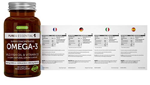 Pure & Essential Aceite de Pescado Salvaje Omega-3 410 mg EPA y 250 mg DHA por cápsula y Vitamina D3, sabor a limón, 60 cápsulas