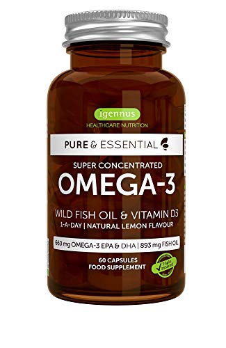 Pure & Essential Aceite de Pescado Salvaje Omega-3 410 mg EPA y 250 mg DHA por cápsula y Vitamina D3, sabor a limón, 60 cápsulas