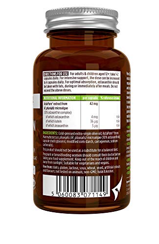 Pure & Essential Complejo de Astaxantina natural & sostenible, 42 mg de AstaPure, con luteína & zeaxantina, vegano, 90 cápsulas