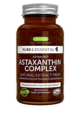 Pure & Essential Complejo de Astaxantina natural & sostenible, 42 mg de AstaPure, con luteína & zeaxantina, vegano, 90 cápsulas