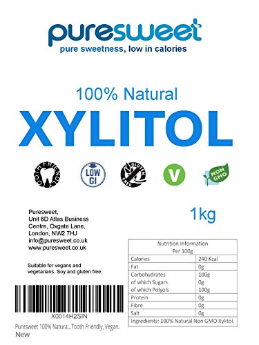 Puresweet 100% natural xilitol 1 kg alternativa de azúcar, no OMG, apto para dientes, vegano, gránulos finos, (bolsa reciclable).