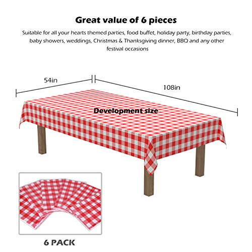 Puricon 6 Unidades Mantel Plástico Reutilizable 137 × 274 cm, Cubierta Plástica de Mesa Rectángula a Cuadros Rojo y Blanco para Bufé, Fiesta, Cena, Boda, Picnic y Más -Cuadro Rojo y Blanco