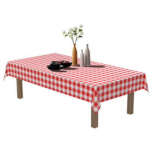 Puricon 6 Unidades Mantel Plástico Reutilizable 137 × 274 cm, Cubierta Plástica de Mesa Rectángula a Cuadros Rojo y Blanco para Bufé, Fiesta, Cena, Boda, Picnic y Más -Cuadro Rojo y Blanco