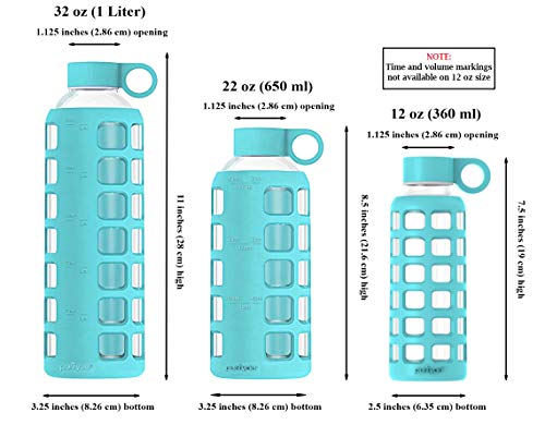 purifyou Botella de Agua de Cristal con Funda de Silicona y Tapa de Acero Inoxidable - 12oz, Agua Azul