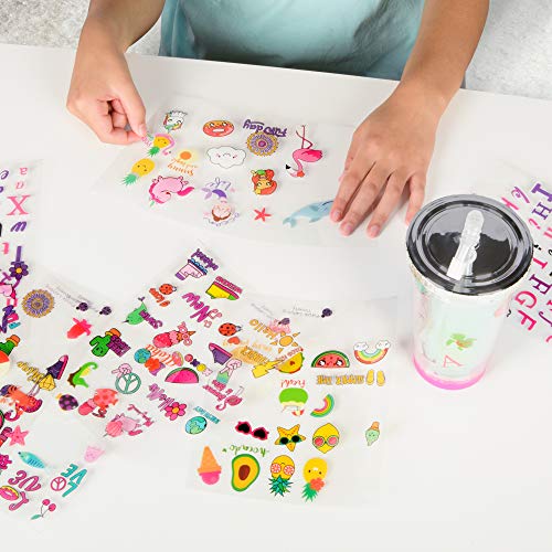 Purple Ladybug CREA tu Propio Vaso Personalizado con Pegatinas Impermeables - Vaso para Niñas con Tapa y Pajita - Un Gran Regalo para Niña - Kit de Manualidades para Niños - Divertido DIY