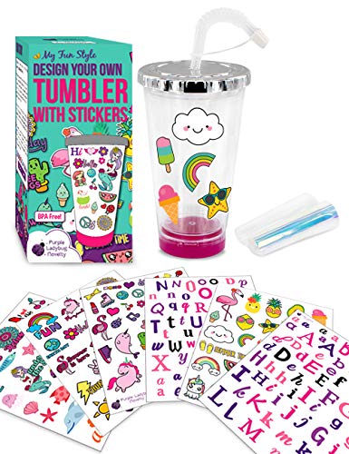 Purple Ladybug CREA tu Propio Vaso Personalizado con Pegatinas Impermeables - Vaso para Niñas con Tapa y Pajita - Un Gran Regalo para Niña - Kit de Manualidades para Niños - Divertido DIY