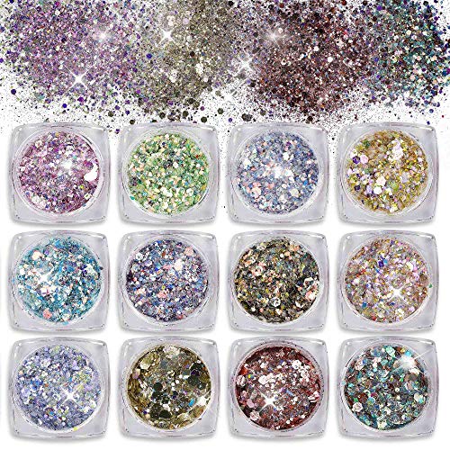 Purpurinas Polvo 12 Colores Chunky Glitter Paillette Brillante Decoración para Cara Maquillaje Pelo Arte Corporal Uñas y Mejilla