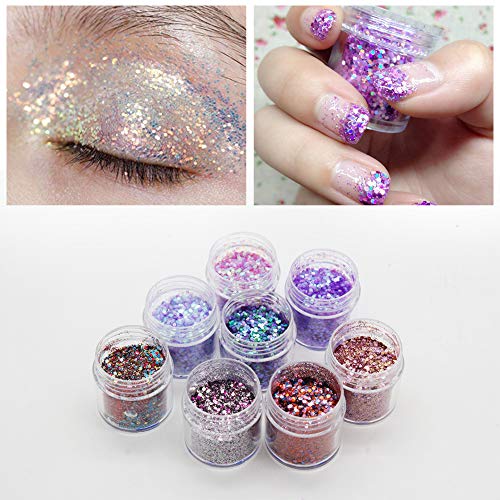 Purpurinas Polvo 8 colores Chunky Glitter con brillo cosmético Fiestas y festivales brillantes Decoración para rostro, ojos, uñas, cabello y cuerpo (8 piezas)