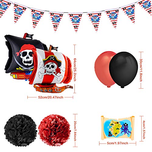 Pushingbest Decoraciones Cumpleaños, Decoración de Feliz cumpleaños Piratas, Estandarte, Bandera Triangular, Pompones de Papel tisú, Globos de Aluminio, Globos de látex y Adorno de Pastel