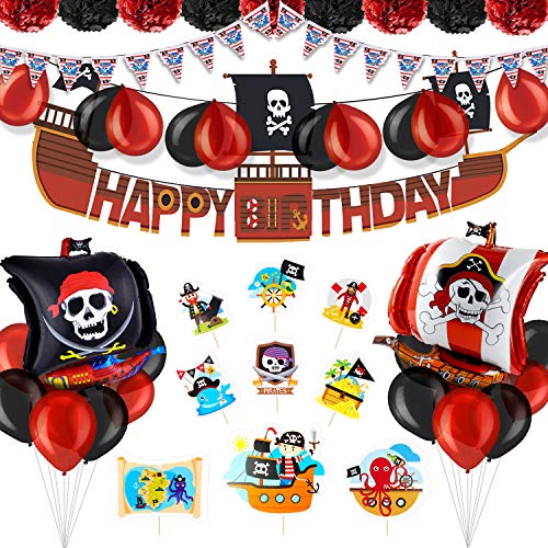 Pushingbest Decoraciones Cumpleaños, Decoración de Feliz cumpleaños Piratas, Estandarte, Bandera Triangular, Pompones de Papel tisú, Globos de Aluminio, Globos de látex y Adorno de Pastel