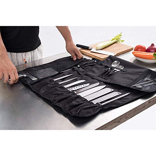 QEES Bolsa para cuchillos de camping con 17 compartimentos, cuchillos de sujeción, cucharas y tenedores, funda impermeable para almacenamiento de cuchillos DD14 Color 1: negro., tamaño 66W* 50H CM