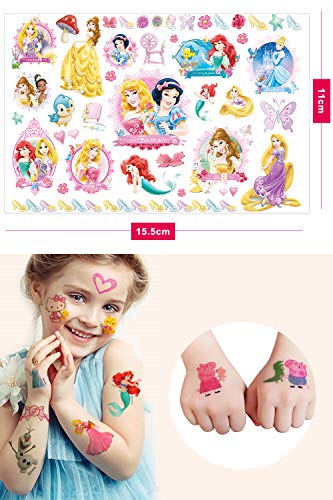 Qemsele Tatuajes Temporales para Niños Niñas, 10 Sheets 200+ Pcs Hojas Dibujos Animados Tatuaje Falso Pegatinas para piñata Niños Infantiles Fiesta de cumpleaños Regalo Bolsas Relleno (Princesa)