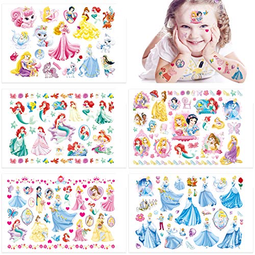 Qemsele Tatuajes Temporales para Niños Niñas, 10 Sheets 200+ Pcs Hojas Dibujos Animados Tatuaje Falso Pegatinas para piñata Niños Infantiles Fiesta de cumpleaños Regalo Bolsas Relleno (Princesa)