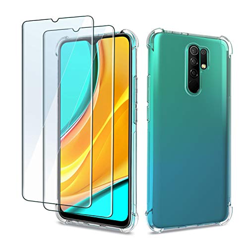 QHOHQ Funda para Xiaomi Redmi 9 con 2 Unidades Protector de Pantalla, Carcasa Anti-Choques y Anti- Arañazos - Cristal Templado Membrana - [9H Dureza] - [Anti-Arañazos]