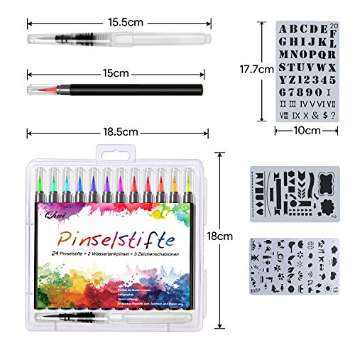 Qhui Rotuladores Lettering 24 Colores Profesionales y 2 Pluma de Pincel de Agua y 3 Plantillas, Rotuladores Punta Pincel de Nylon Flexible, Rotuladores Acuarelables para Pintura Caligrafía Cómics