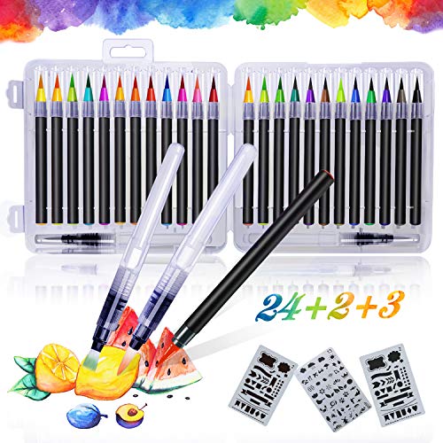 Qhui Rotuladores Lettering 24 Colores Profesionales y 2 Pluma de Pincel de Agua y 3 Plantillas, Rotuladores Punta Pincel de Nylon Flexible, Rotuladores Acuarelables para Pintura Caligrafía Cómics