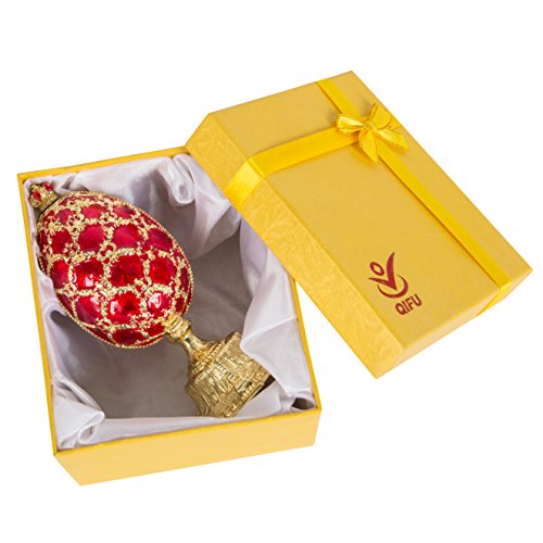 QIFU Hand Painted Enamelled Red Faberge Egg Style Decorative Hinged Jewellery Trinket Box Unique Gift For Home Decor