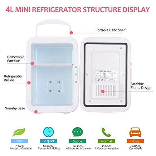 Qiilu Car Fridge Cooler Electric & Warmer, Mini Fridge 4 Litros/6 Can Enfriador eléctrico y calentador Sistema termoeléctrico portátil para oficina(Rosa)