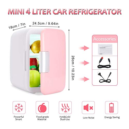 Qiilu Car Fridge Cooler Electric & Warmer, Mini Fridge 4 Litros/6 Can Enfriador eléctrico y calentador Sistema termoeléctrico portátil para oficina(Rosa)