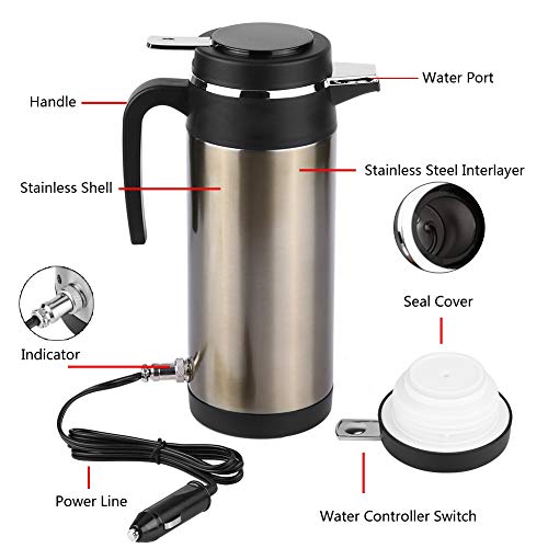 Qiilu Hervidor de Agua de Coche de Acero Inoxidable 1200 ML con 12V Encendedor de Cigarrillos Calefacción Taza para Té, café y Agua hirviendo en Coche Viaje