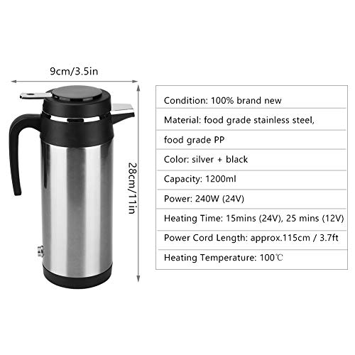 Qiilu Hervidor de Agua de Coche de Acero Inoxidable 1200 ML con 24V Encendedor de Cigarrillos Calefacción Taza para Té, café y Agua hirviendo en Coche Viaje