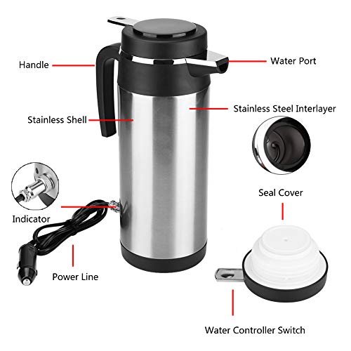 Qiilu Hervidor de Agua de Coche de Acero Inoxidable 1200 ML con 24V Encendedor de Cigarrillos Calefacción Taza para Té, café y Agua hirviendo en Coche Viaje