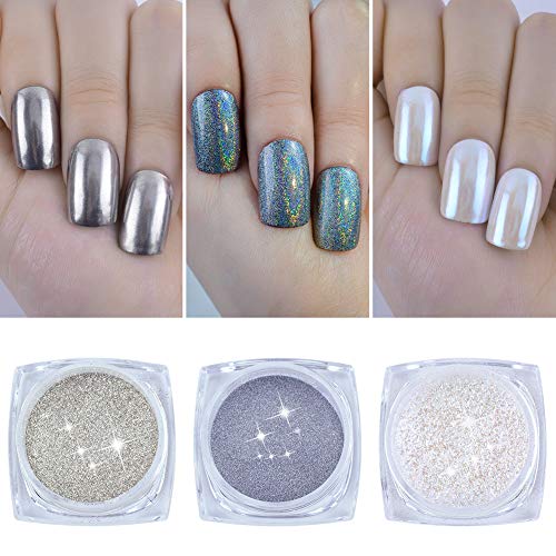 QIMEIYA 3 cajas polvos purpurina glitter nail art para decoracion uñas efecto unicornio cromo neón holo plata pigmento manicura