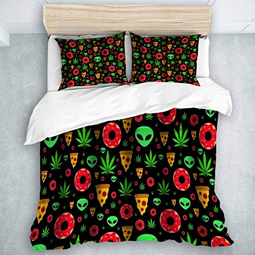 QINCO Bedding Juego de Funda de Edredón,Dope Trip Flat con Hojas de Marihuana Donuts Pizza Slices y Aliens,Microfibra (1 Cama 86 * 94inch + 2 Almohada 19.6 * 31.5inch)