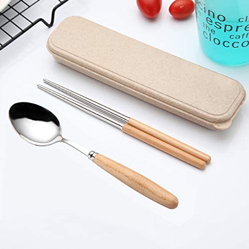 Qinghengyong Manija de Madera de Acero Inoxidable Cuchara Tenedor Palillos Conjunto restaurantes vajilla Kit portátil de Viaje de Picnic Vajilla