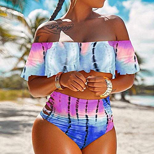 Qingsiy Conjunto de Bikinis Push Up En V Profundo Bikini Estampado Mujer 2019, Mujer Push-Up Bikini con Volantes Acolchado Bra Traje de baño Tops y Braguitas Cintura Alta Bikini (Púrpura,XL)