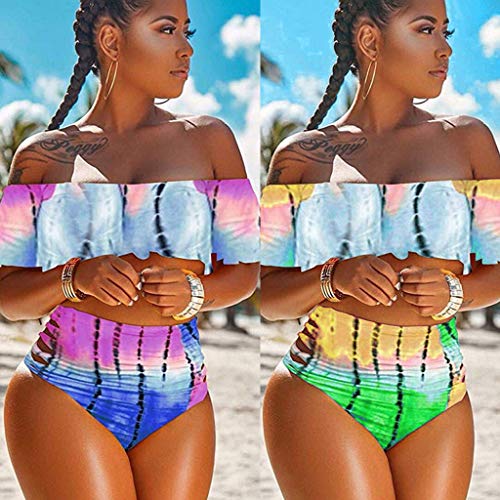 Qingsiy Conjunto de Bikinis Push Up En V Profundo Bikini Estampado Mujer 2019, Mujer Push-Up Bikini con Volantes Acolchado Bra Traje de baño Tops y Braguitas Cintura Alta Bikini (Púrpura,XL)