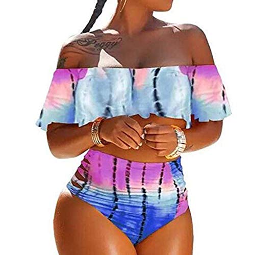 Qingsiy Conjunto de Bikinis Push Up En V Profundo Bikini Estampado Mujer 2019, Mujer Push-Up Bikini con Volantes Acolchado Bra Traje de baño Tops y Braguitas Cintura Alta Bikini (Púrpura,XL)