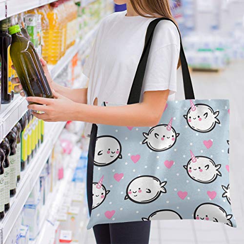 QMIN - Bolsa de lona con diseño de unicornio y peces marinos, reutilizables, lavables, bolsa de hombro de la compra, bolsa de mano de gran capacidad para mujeres y hombres