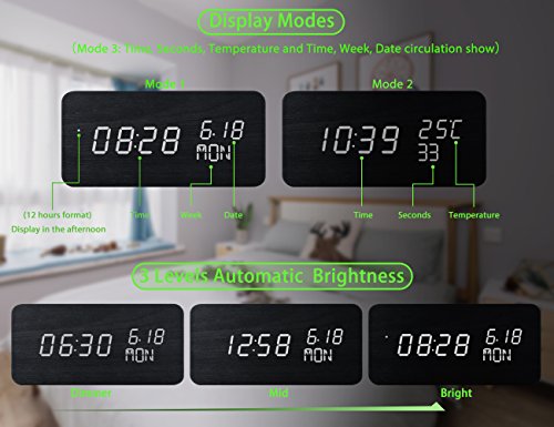 Qoosea Reloj Despertador LED Reloj de Alarma de Madera Comando de Voz táctil Relojes Digitales USB Reloj de Madera Moderno 3 Niveles Brillo Ajustable 3 Alarmas Reloj de Escritorio Hora