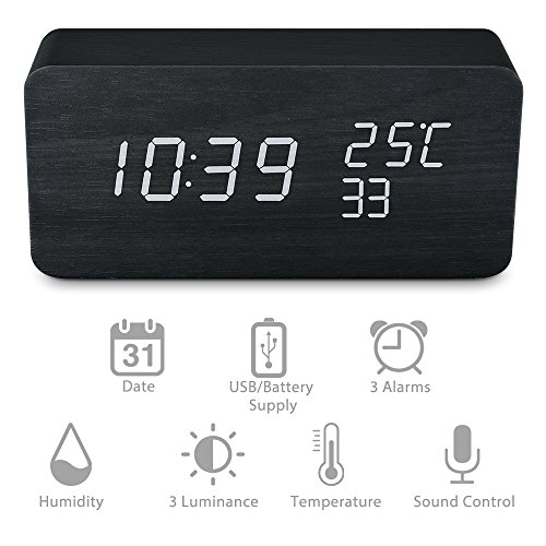 Qoosea Reloj Despertador LED Reloj de Alarma de Madera Comando de Voz táctil Relojes Digitales USB Reloj de Madera Moderno 3 Niveles Brillo Ajustable 3 Alarmas Reloj de Escritorio Hora