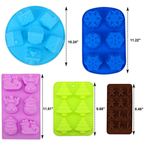 Qpout 5Pack Grandes Moldes de Silicona de Navidad, Jabón de Silicona de Navidad Jalea de Chocolate Moldes de Pastel Copo de Nieve Grande Árbol de Navidad Muñeco de Nieve Trineo de Reno Moldes