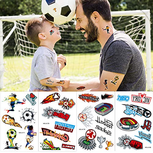 Qpout Tatuajes temporales de fútbol para niños, tatuajes impermeables de tema de fútbol niños niñas bolsas de regalo de fiesta de cumpleaños regalos regalos decoración de fiesta de fútbol accesorios