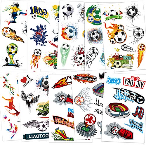 Qpout Tatuajes temporales de fútbol para niños, tatuajes impermeables de tema de fútbol niños niñas bolsas de regalo de fiesta de cumpleaños regalos regalos decoración de fiesta de fútbol accesorios