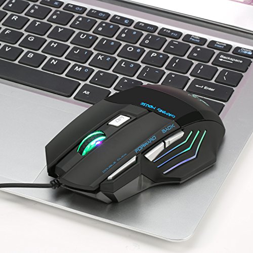 QueenDer Ratón Gaming, Ratones Gaming Profesional con Cable USB Gaming Mouse Óptico, 4 dpi Adjustables y 7 Botón Compatible con Windows 7, 8, 10, XP, Vista, ME, 2000 y Mac OS - Negro