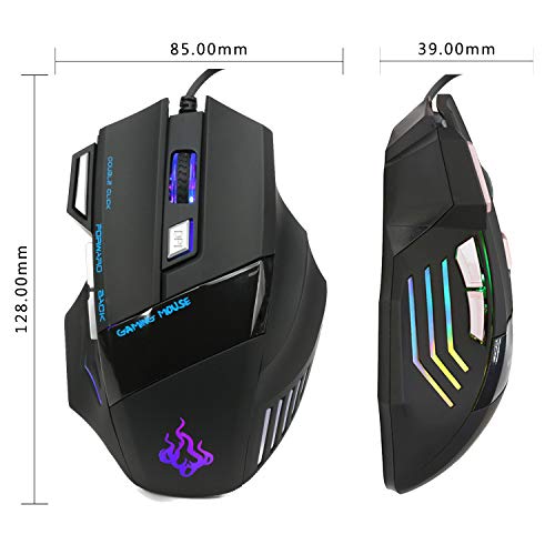 QueenDer Ratón Gaming, Ratones Gaming Profesional con Cable USB Gaming Mouse Óptico, 4 dpi Adjustables y 7 Botón Compatible con Windows 7, 8, 10, XP, Vista, ME, 2000 y Mac OS - Negro