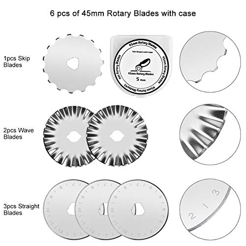 Queta Cúter Giratorio Set, Cortador de tela de 45mm, Cuchillas rotativas Cortador de cuchillas redondas para costura, tela, cuero, costura, papel, etc.